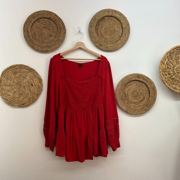 Torrid Red Lace Long Balloon Sleeve Smocked Blouse Top Plus Size 2X - Picture 1 of 5